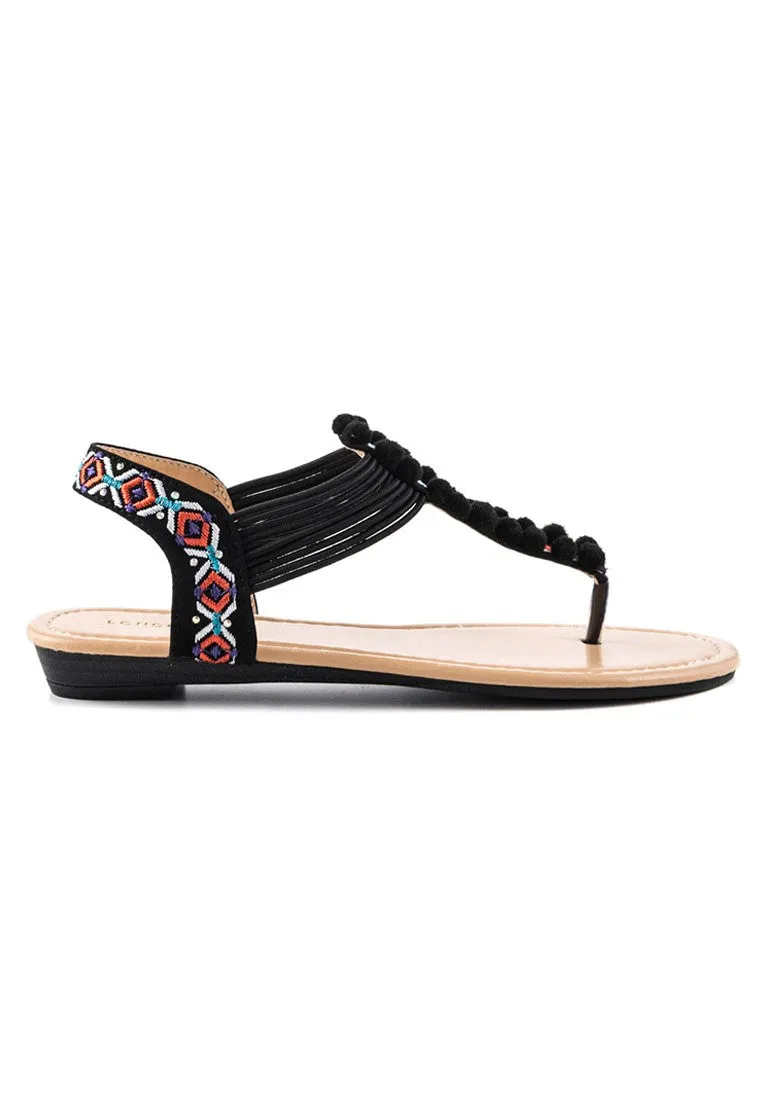 Black Flat Pom-Pom Detail Sandal