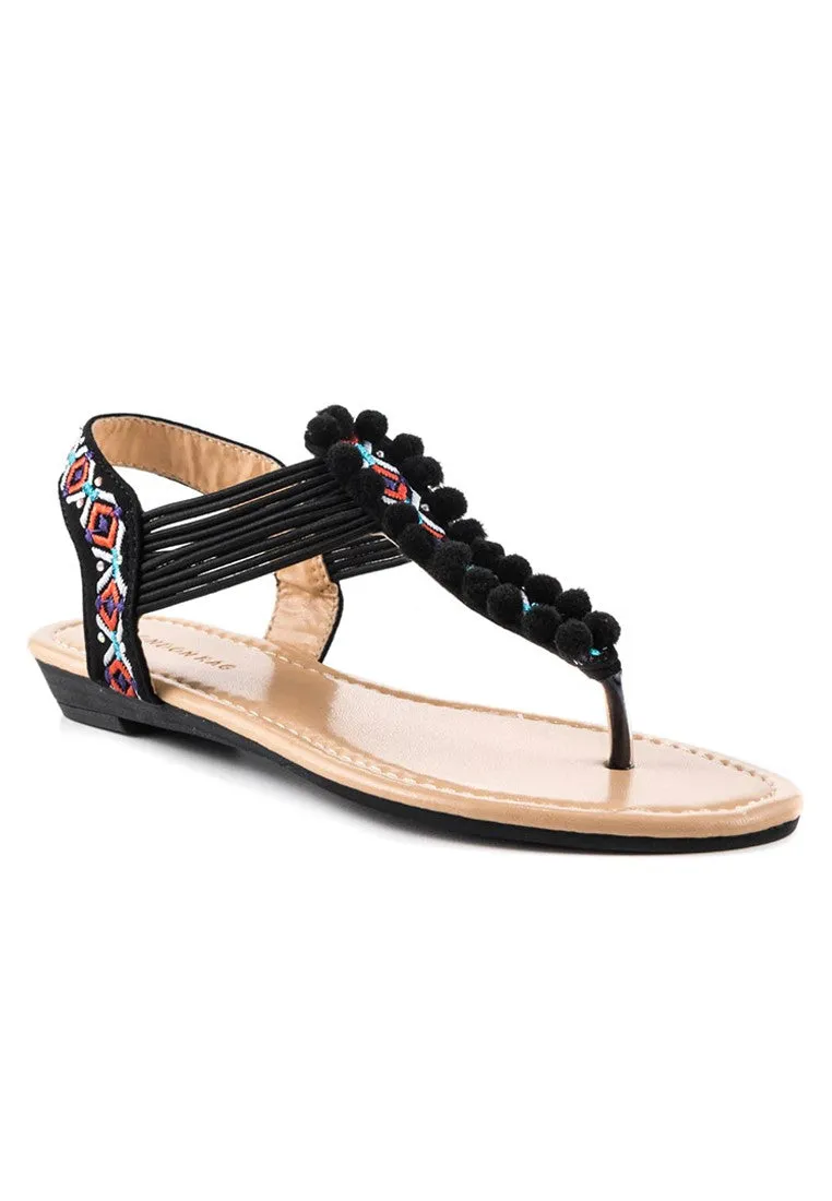 Black Flat Pom-Pom Detail Sandal