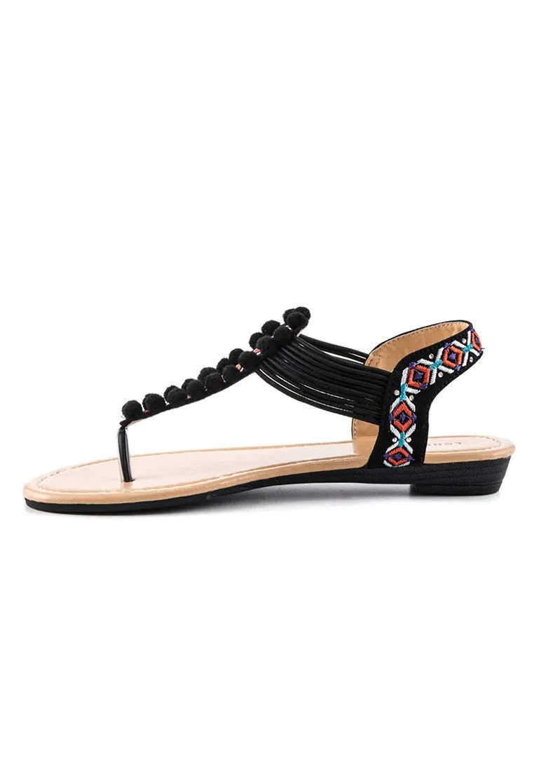 Black Flat Pom-Pom Detail Sandal