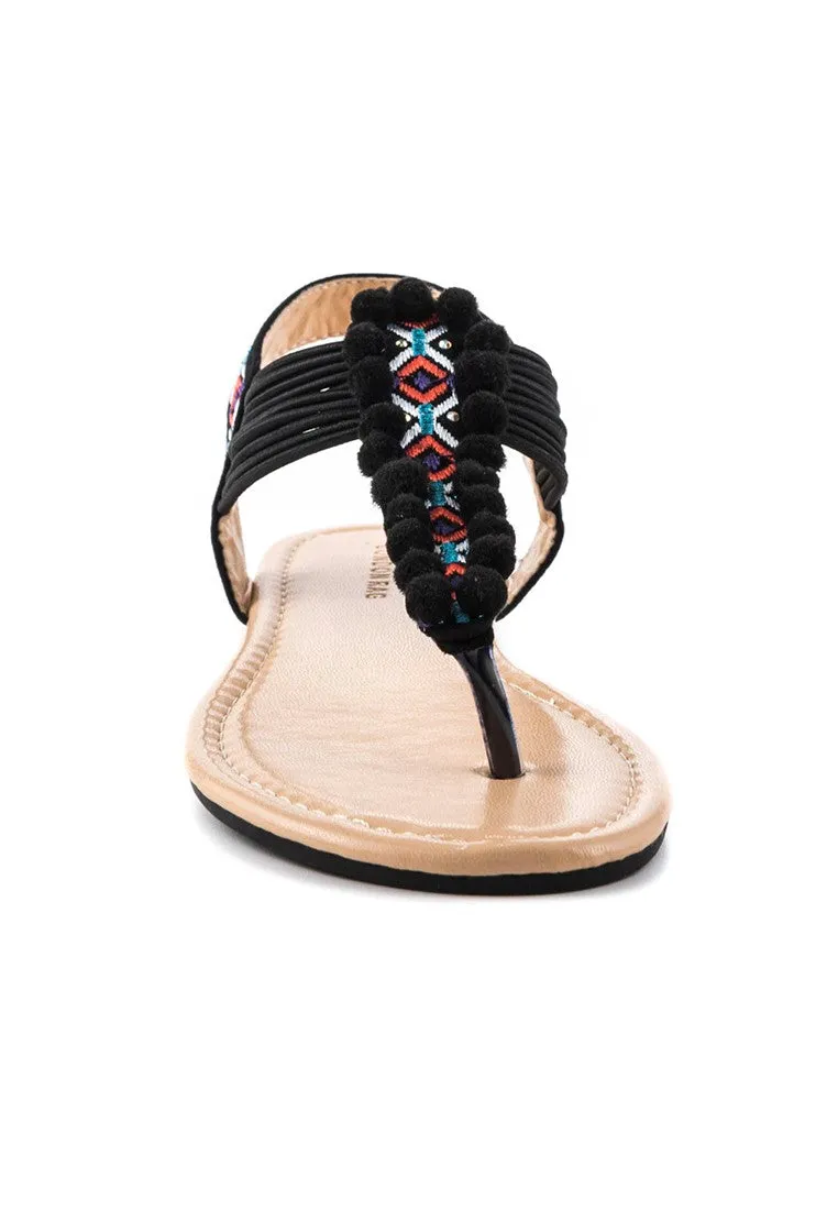 Black Flat Pom-Pom Detail Sandal