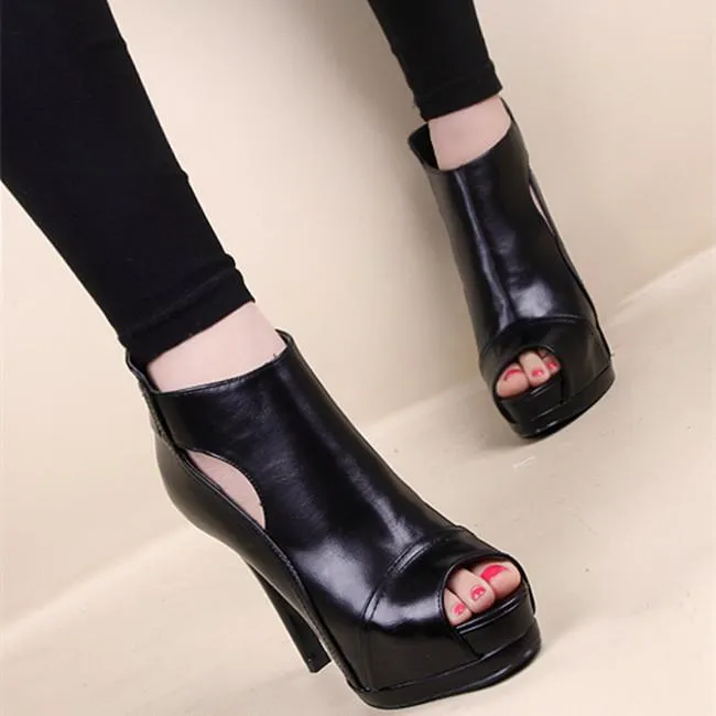 Black peep toe cutout platform high heels sexy summer booties