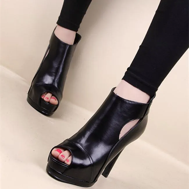 Black peep toe cutout platform high heels sexy summer booties