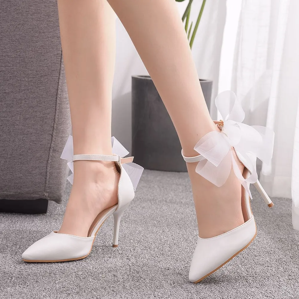 Bowknot lace-up ankle strap wedding heels | White red pointed toe bridal shoes