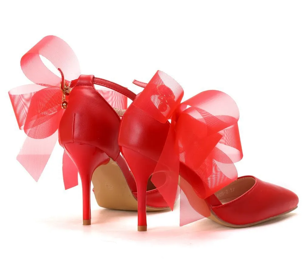 Bowknot lace-up ankle strap wedding heels | White red pointed toe bridal shoes