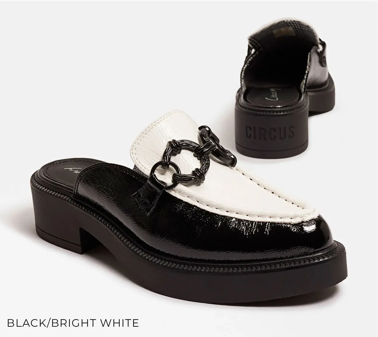 Circus by Sam Edelman Nancy Black White Rounded Toe Patent Slip On Dress Mules