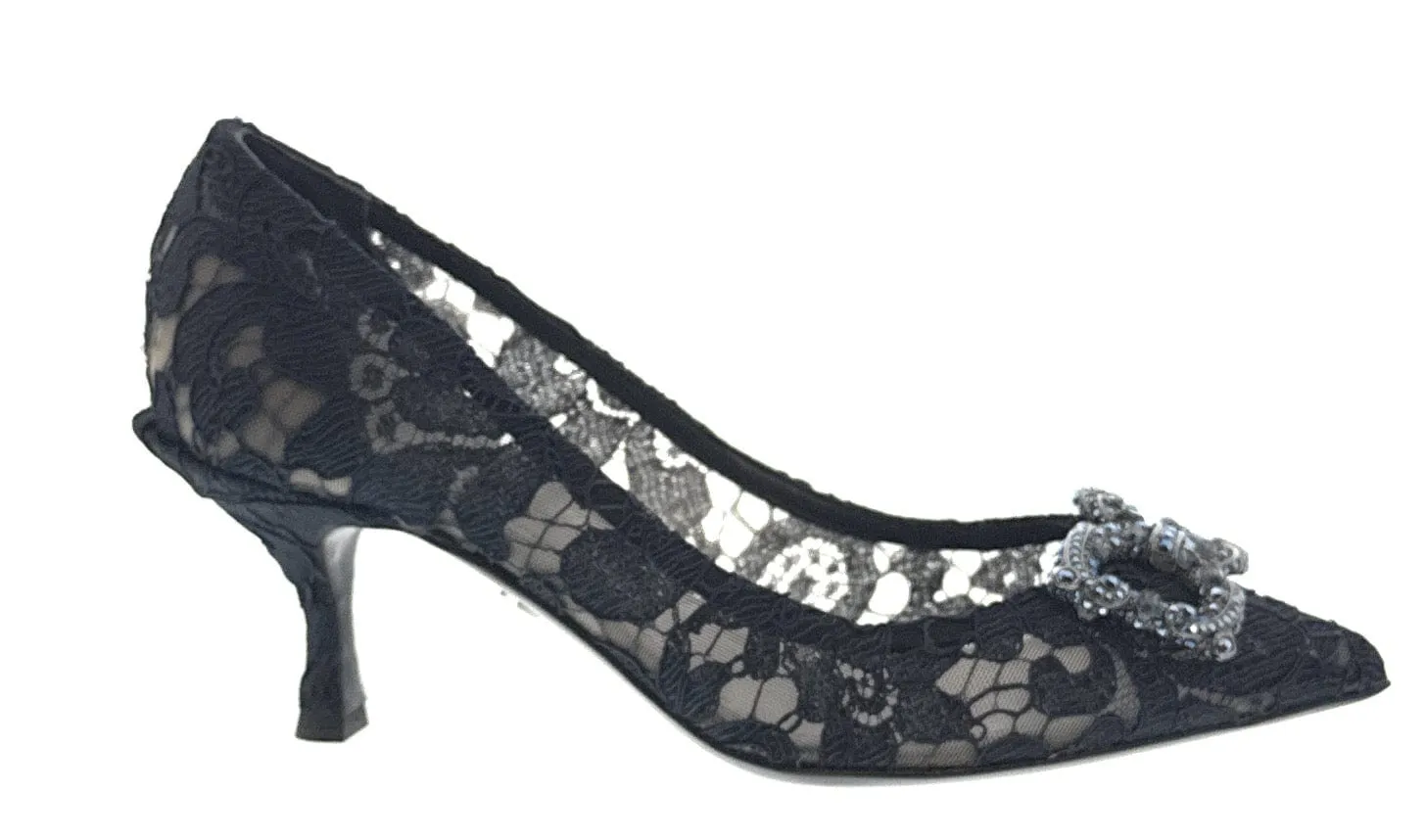 Dolce & Gabbana Deep Navy Floral Lace  Kitten Heels-EU35