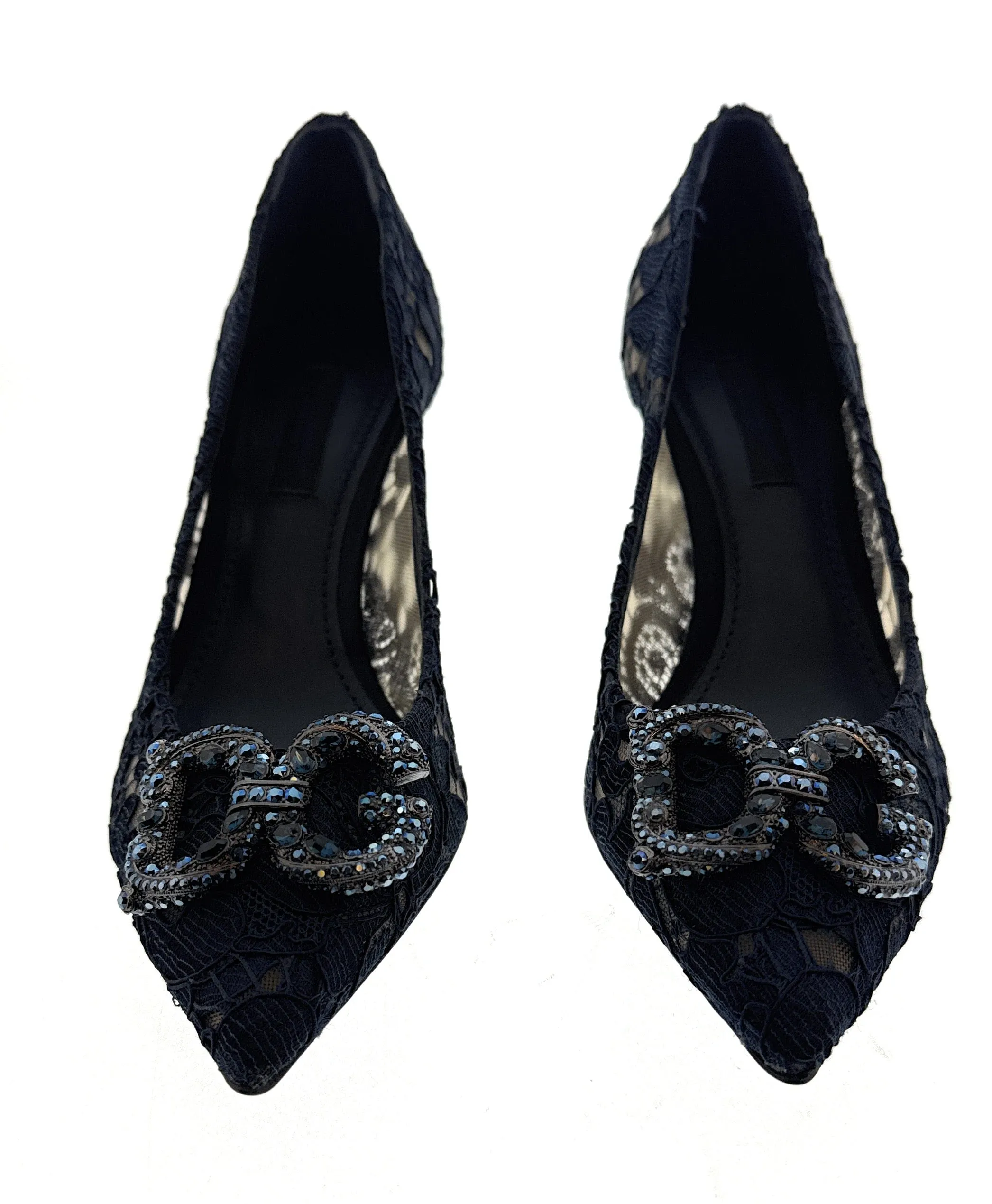 Dolce & Gabbana Deep Navy Floral Lace  Kitten Heels-EU35