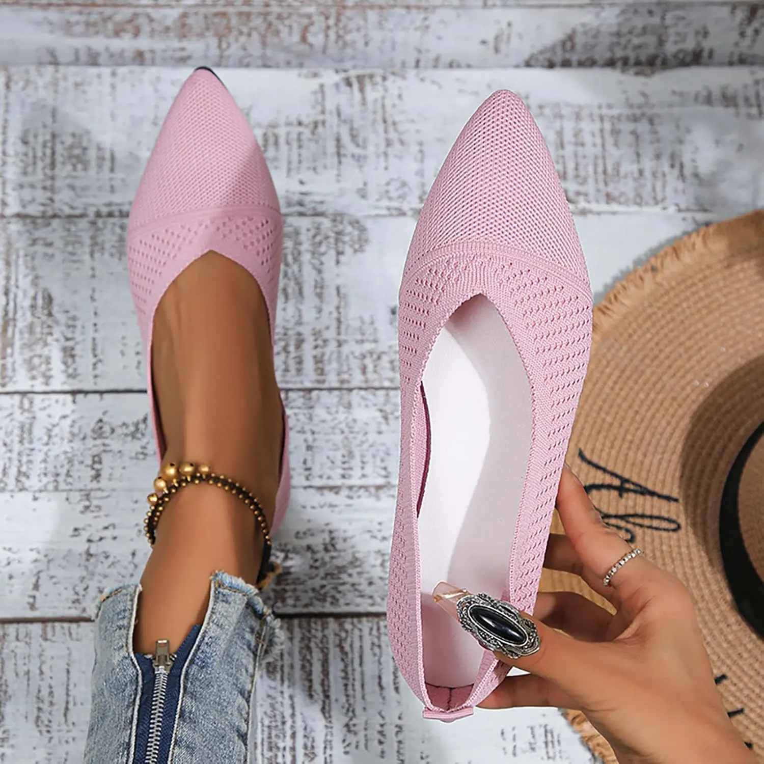 Dress Shoes for Women Pointed Toe Flats Shoes Knit Ballet Shoes Slip On Flat Loafers Dressy Office Shoes Work Shoes