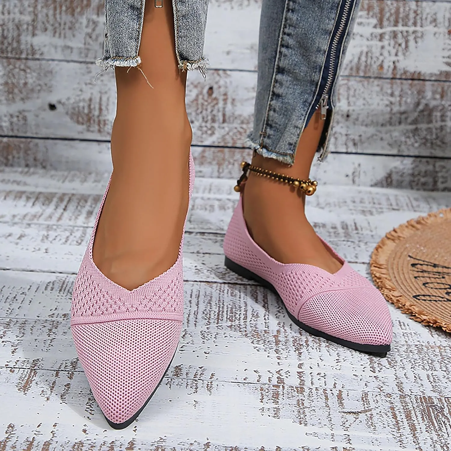 Dress Shoes for Women Pointed Toe Flats Shoes Knit Ballet Shoes Slip On Flat Loafers Dressy Office Shoes Work Shoes