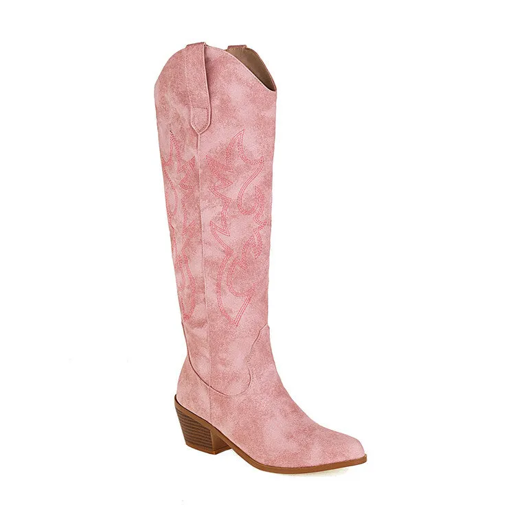 Embroidery pointed toe knee high cowboy boots Block heels knee high western boots