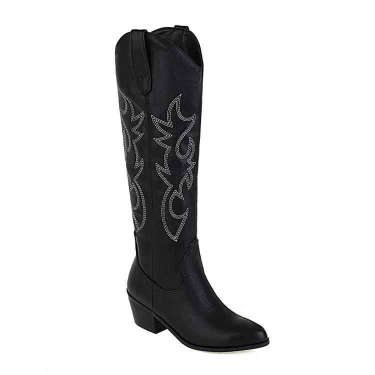 Embroidery pointed toe knee high cowboy boots Block heels knee high western boots