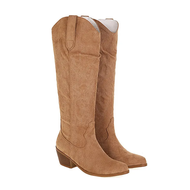 Embroidery pointed toe knee high cowboy boots Block heels knee high western boots