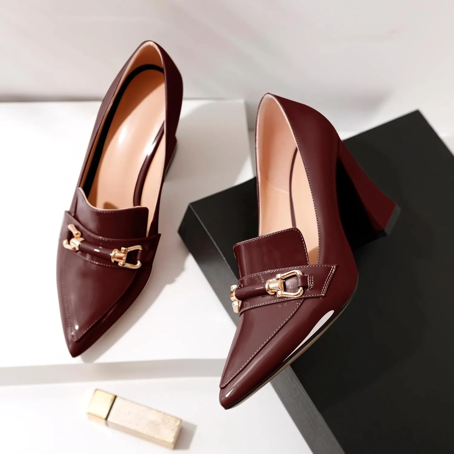 Esvowido Women's Chunky Heel Loafers Closed Pointed Toe Metal Buckle Slip On High Heels Elegant Comfort Fashion Shoes