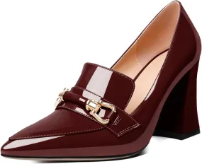 Esvowido Women's Chunky Heel Loafers Closed Pointed Toe Metal Buckle Slip On High Heels Elegant Comfort Fashion Shoes