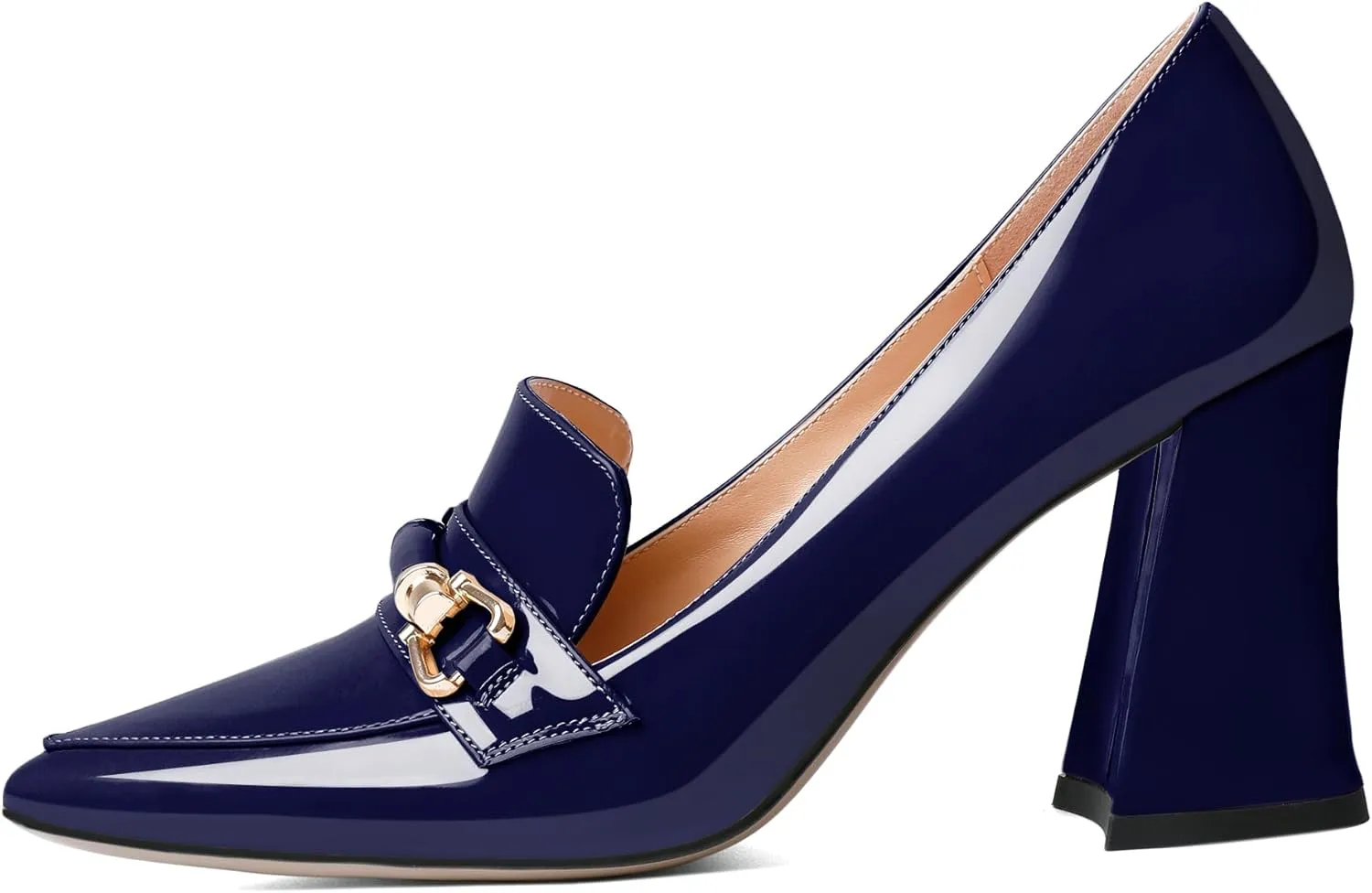 Esvowido Women's Chunky Heel Loafers Closed Pointed Toe Metal Buckle Slip On High Heels Elegant Comfort Fashion Shoes