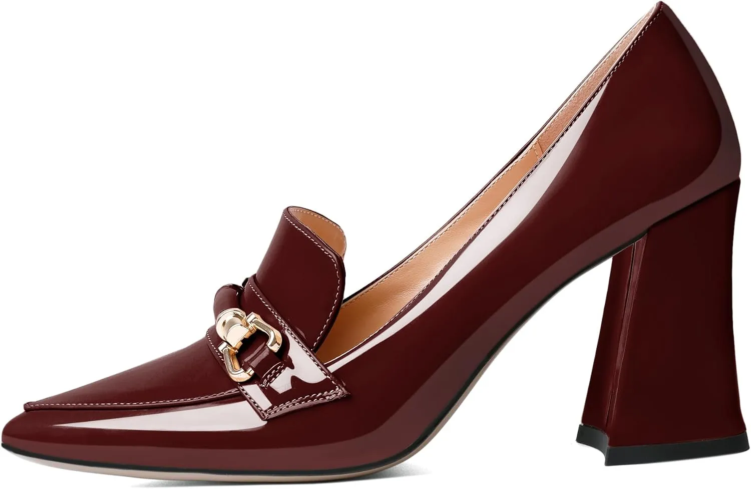 Esvowido Women's Chunky Heel Loafers Closed Pointed Toe Metal Buckle Slip On High Heels Elegant Comfort Fashion Shoes