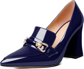 Esvowido Women's Chunky Heel Loafers Closed Pointed Toe Metal Buckle Slip On High Heels Elegant Comfort Fashion Shoes