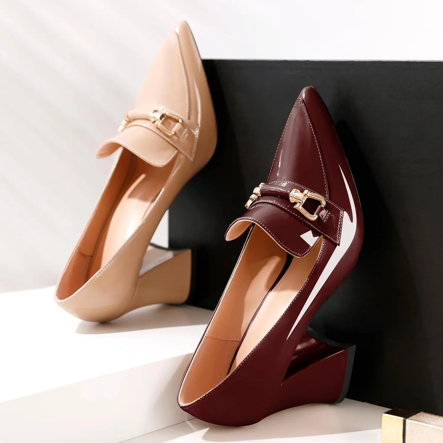 Esvowido Women's Chunky Heel Loafers Closed Pointed Toe Metal Buckle Slip On High Heels Elegant Comfort Fashion Shoes