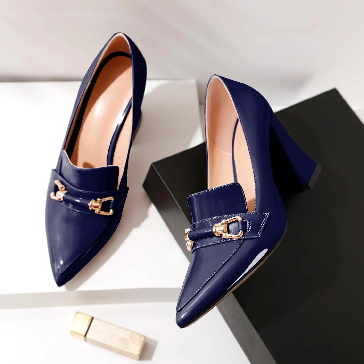 Esvowido Women's Chunky Heel Loafers Closed Pointed Toe Metal Buckle Slip On High Heels Elegant Comfort Fashion Shoes