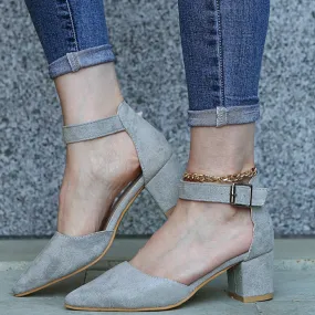 Faux suede pointed closed toe block heels sandals Cutout ankle strap sandals