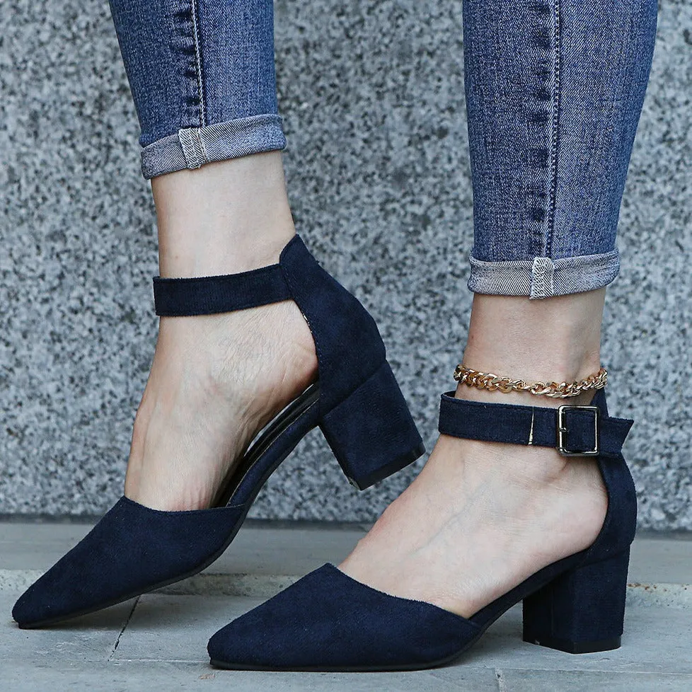 Faux suede pointed closed toe block heels sandals Cutout ankle strap sandals