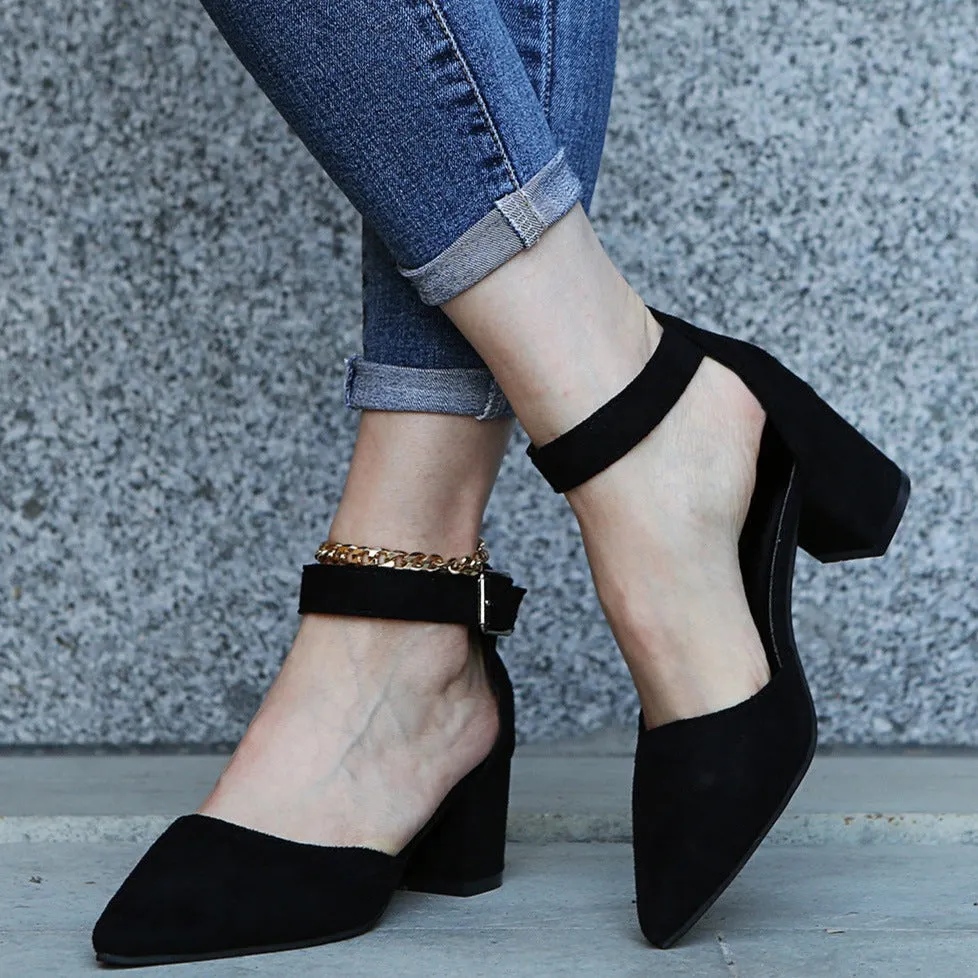 Faux suede pointed closed toe block heels sandals Cutout ankle strap sandals