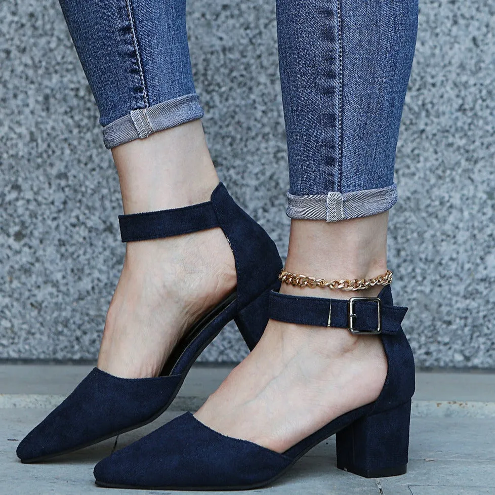 Faux suede pointed closed toe block heels sandals Cutout ankle strap sandals