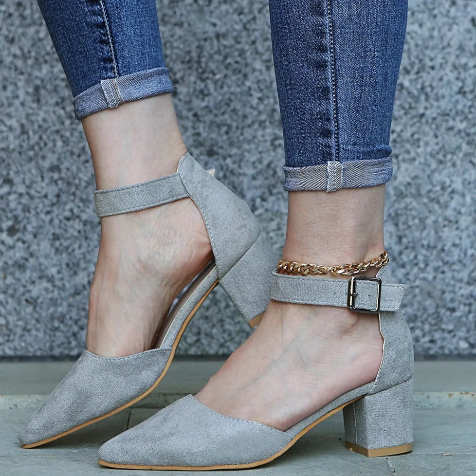 Faux suede pointed closed toe block heels sandals Cutout ankle strap sandals