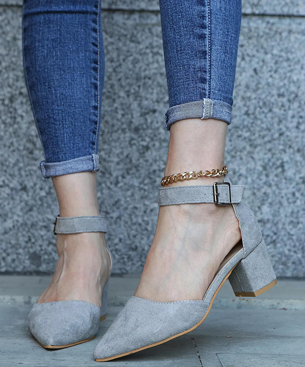 Faux suede pointed closed toe block heels sandals Cutout ankle strap sandals