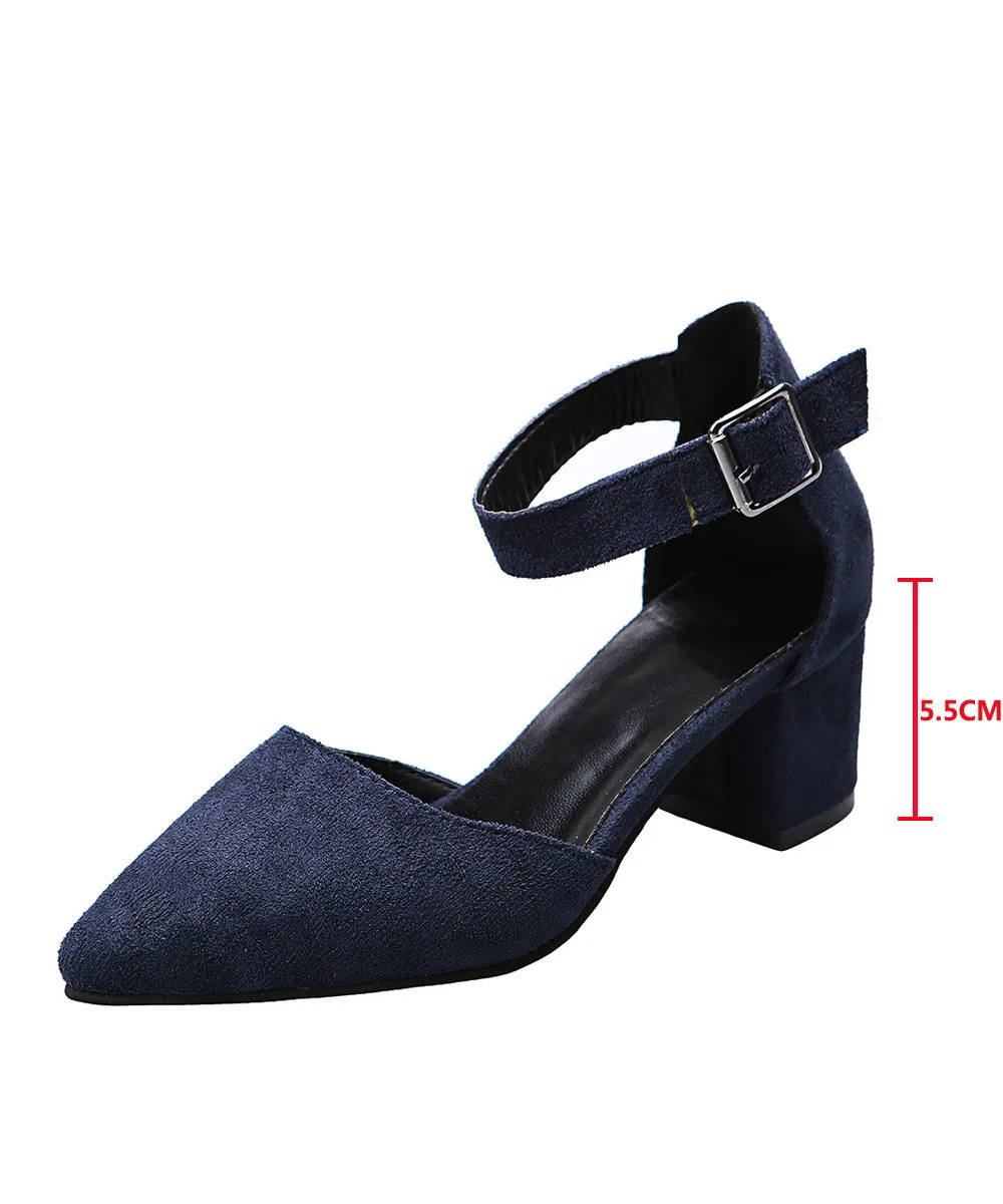 Faux suede pointed closed toe block heels sandals Cutout ankle strap sandals