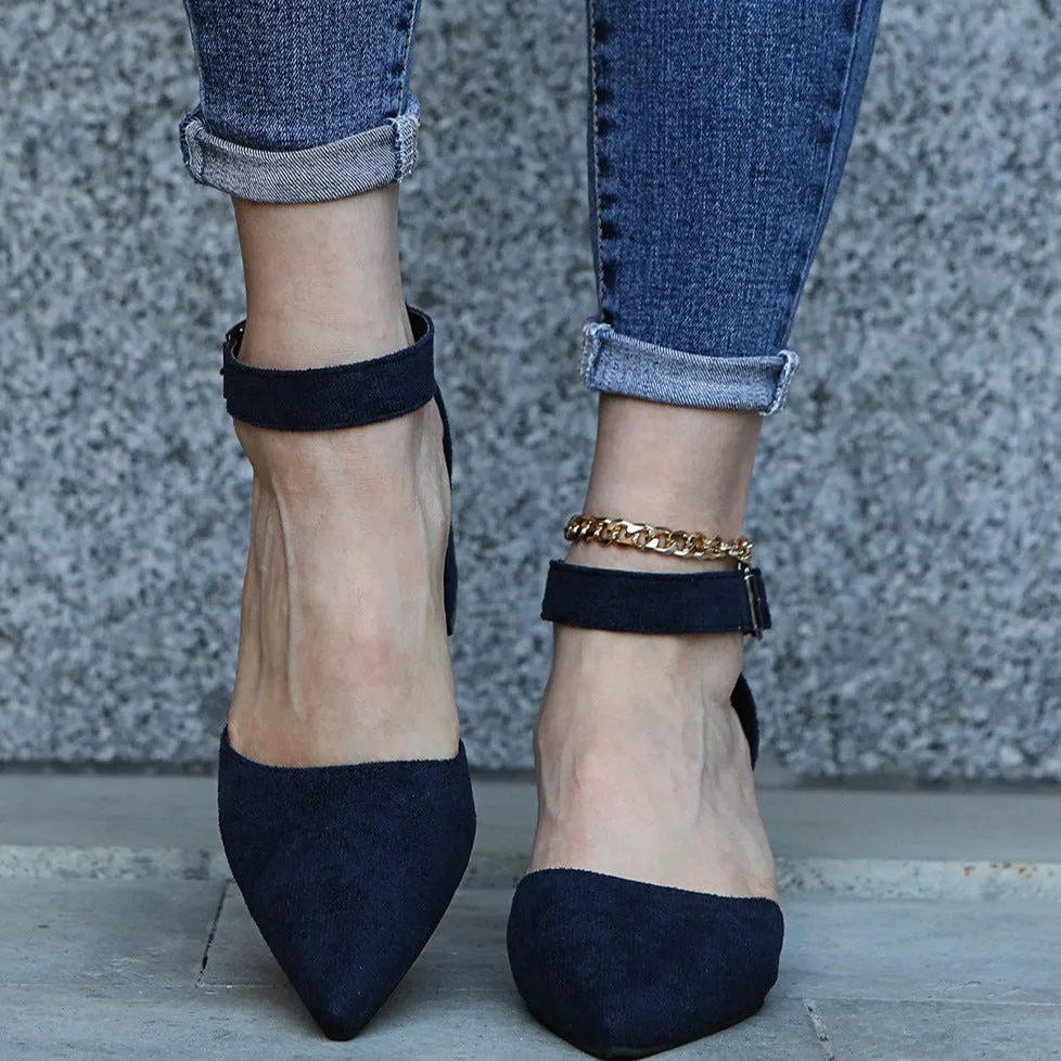 Faux suede pointed closed toe block heels sandals Cutout ankle strap sandals