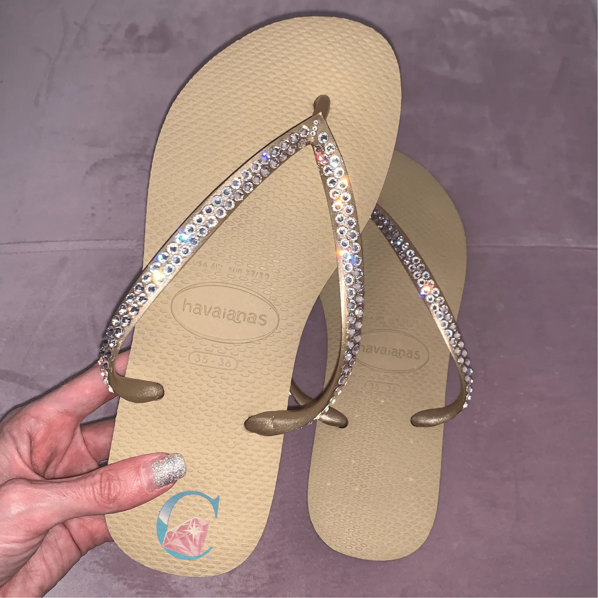Gold Thin Strap Havaianas/Crystal - 2 Rows*
