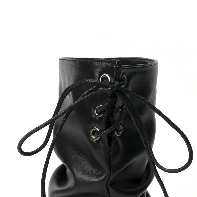 Hidden wedge heels back tie-up mid calf slouchy boots
