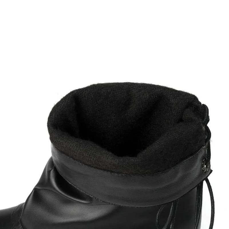 Hidden wedge heels back tie-up mid calf slouchy boots