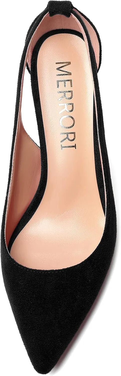 MERRORI Womens Evening Pointed Toe Solid Suede Elegant Slip On Chunky High Heel Pumps Shoes 4 Inch