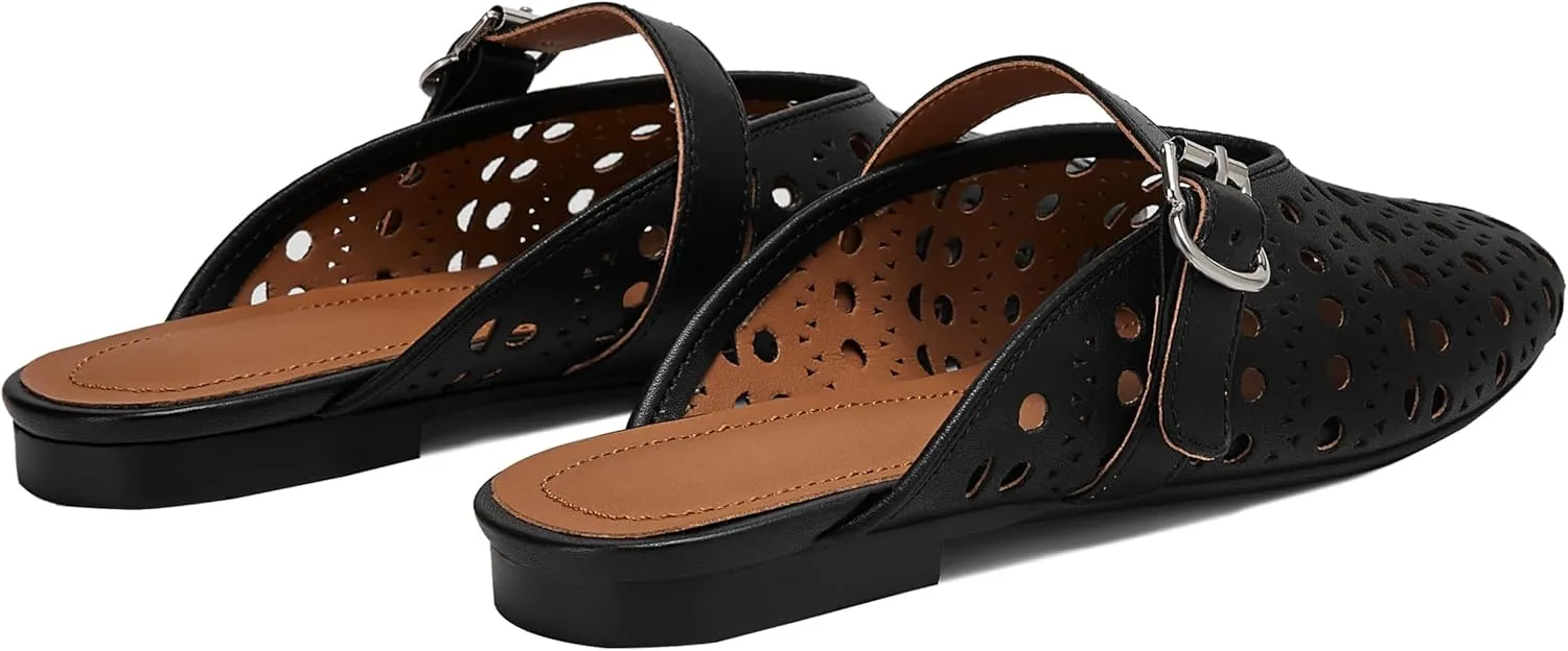 Mesh Flats Mules Sandals for Women,Women's Closed Toe Hollowing Fishnet Flat Sandals with Adjustable Ankle Strap Summer Dressy Sandals Low Heel Flats Ultra Comfortable Slip on Casual Shoes