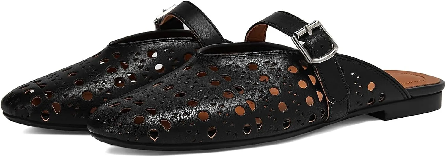 Mesh Flats Mules Sandals for Women,Women's Closed Toe Hollowing Fishnet Flat Sandals with Adjustable Ankle Strap Summer Dressy Sandals Low Heel Flats Ultra Comfortable Slip on Casual Shoes