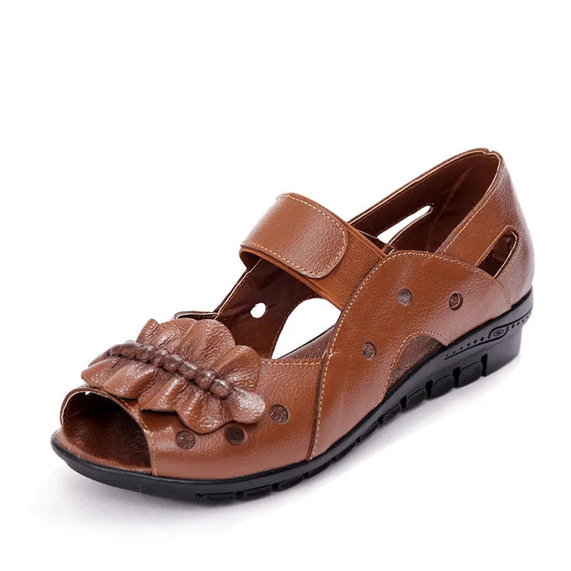 Mother Summer Hollow Out Women Shoes Genuine Leather Flat Sandals Casual Soft Peep Toe Paltform Ladies Sandals Zapatos