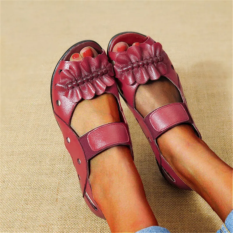 Mother Summer Hollow Out Women Shoes Genuine Leather Flat Sandals Casual Soft Peep Toe Paltform Ladies Sandals Zapatos