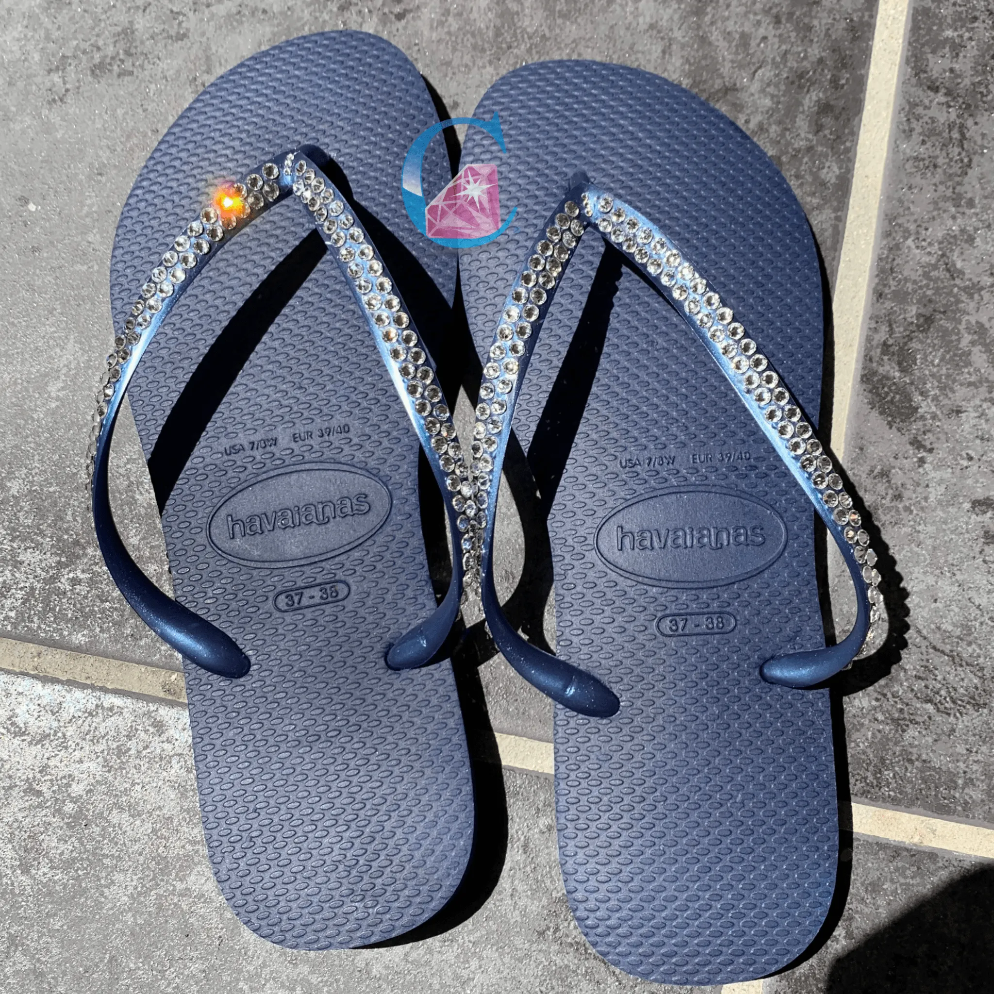 Navy Thin Strap Havaiana/Crystal - 2 Rows *