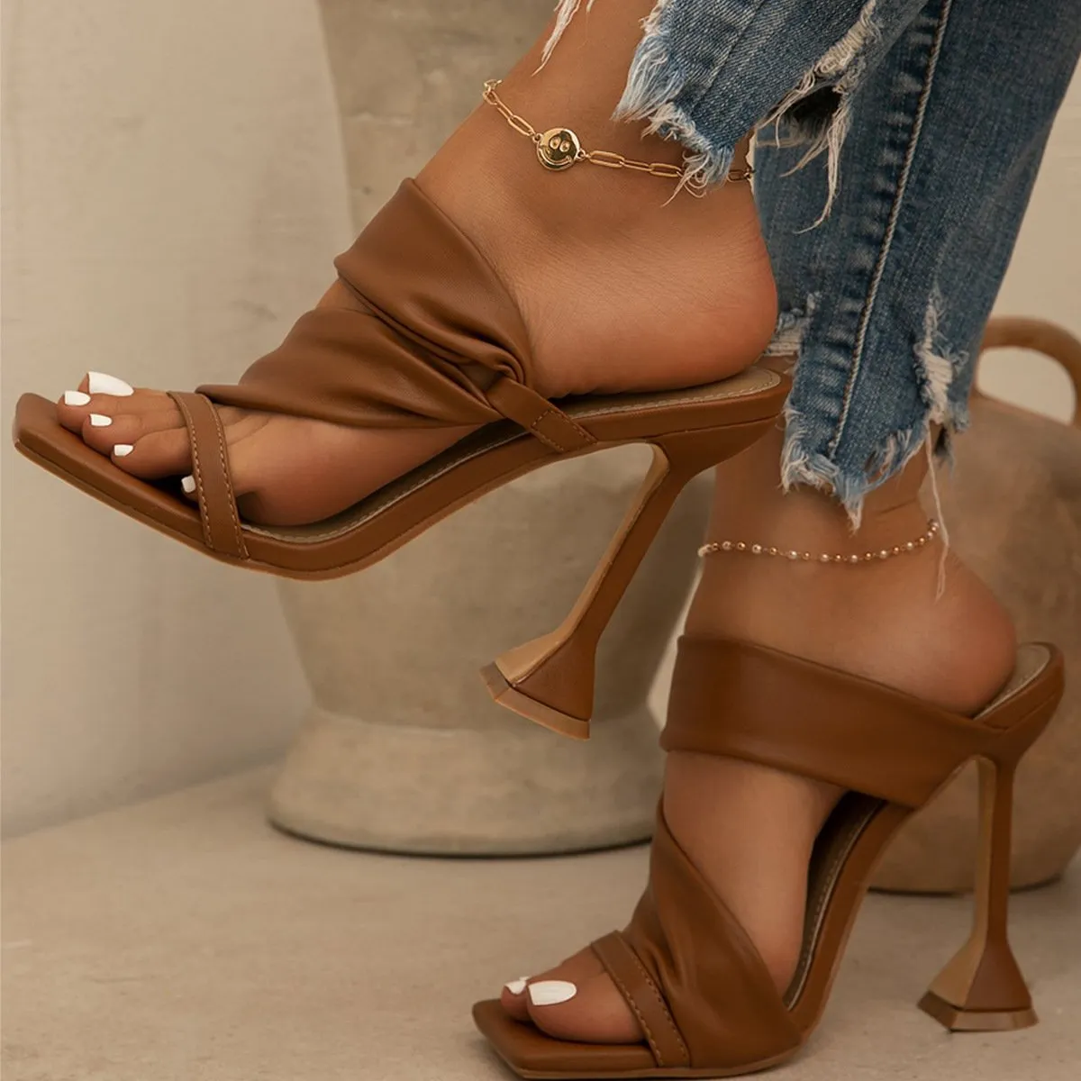 New fashion square opent toe slide stiletto heels for party