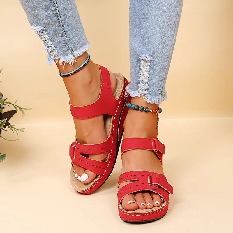 Peep toe adjustable velcro sandals ankle strap wedge heel sandals