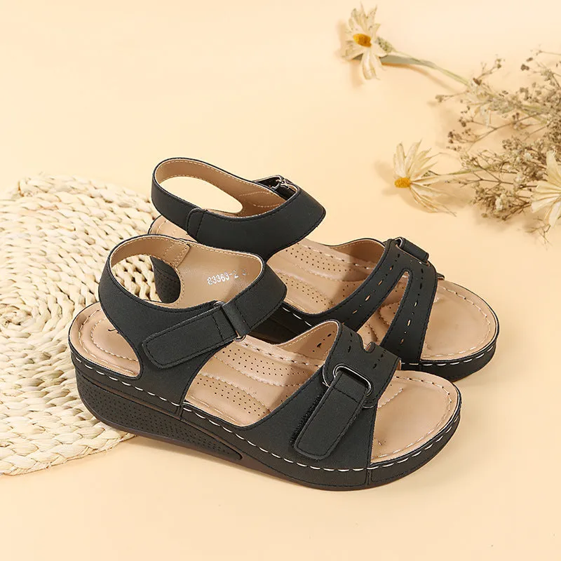 Peep toe adjustable velcro sandals ankle strap wedge heel sandals