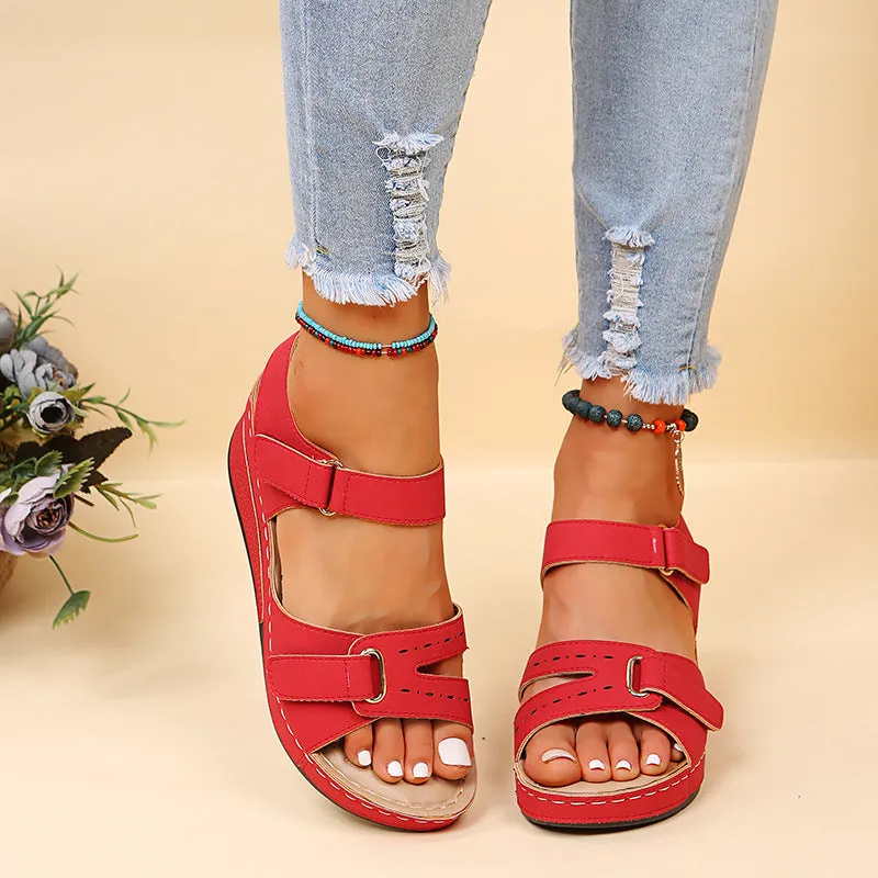 Peep toe adjustable velcro sandals ankle strap wedge heel sandals