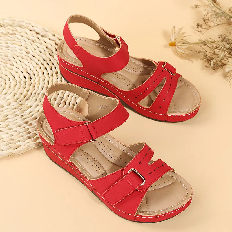 Peep toe adjustable velcro sandals ankle strap wedge heel sandals