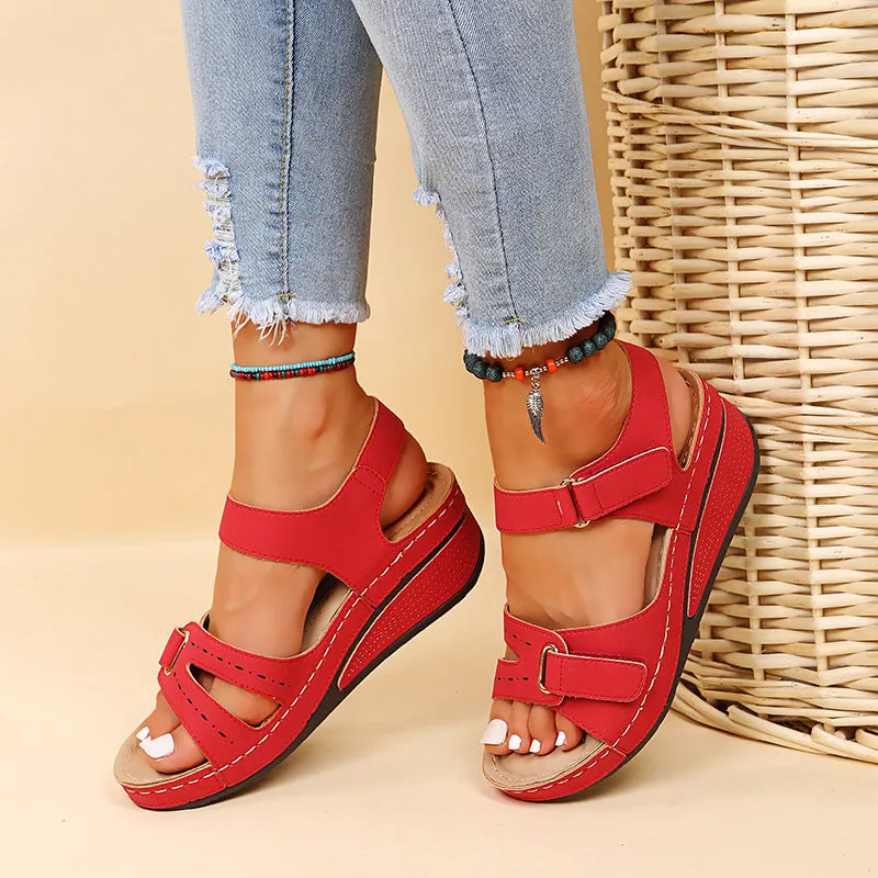 Peep toe adjustable velcro sandals ankle strap wedge heel sandals