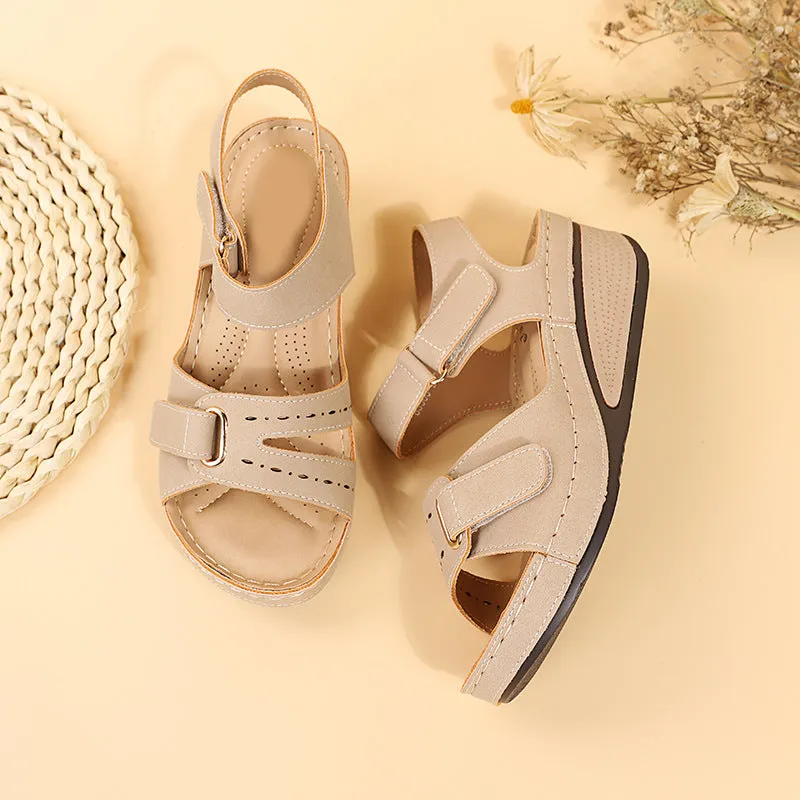 Peep toe adjustable velcro sandals ankle strap wedge heel sandals