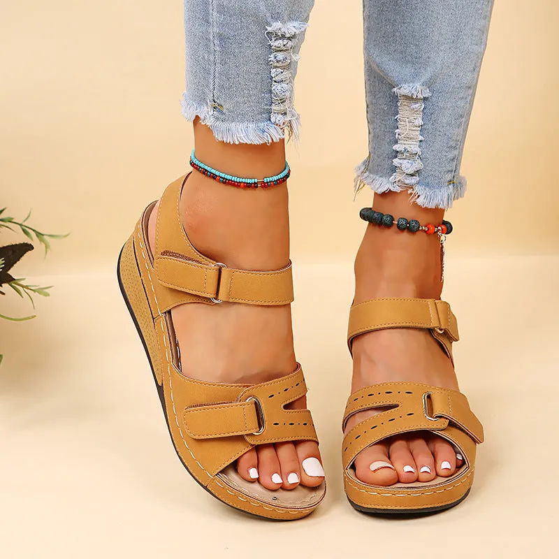 Peep toe adjustable velcro sandals ankle strap wedge heel sandals