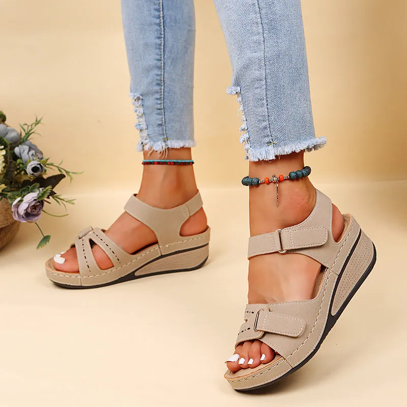 Peep toe adjustable velcro sandals ankle strap wedge heel sandals