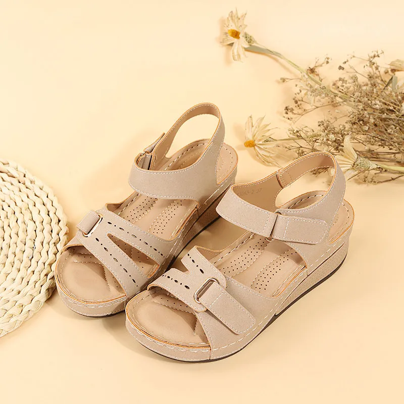 Peep toe adjustable velcro sandals ankle strap wedge heel sandals